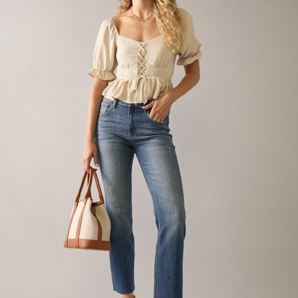 Lace Up Front Short Sleeve Blouse Top - Picture 2 of 4